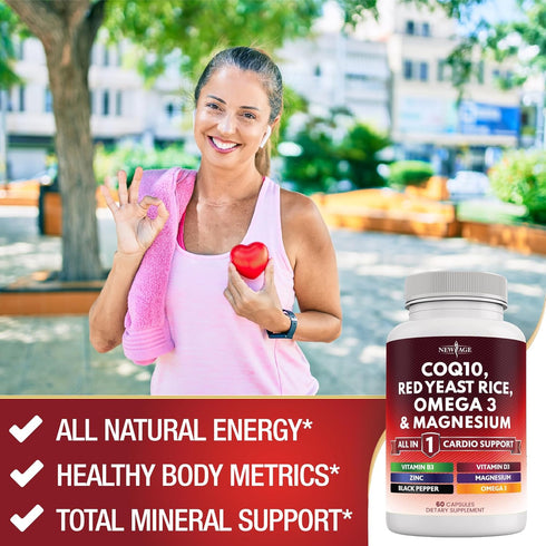 COQ10 200mg Red Yeast Rice 3000mg - Omega 3-6-9 3000mg, Magnesium Complex 500mg, Niacin, Zinc, Vitamin K2 D3 - Heart