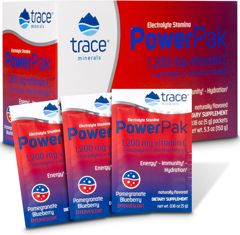 Trace Minerals Power Pak Electrolyte Powder Packets | 1200 mg Vitamin C, Zinc, Magnesium | 30 Packets