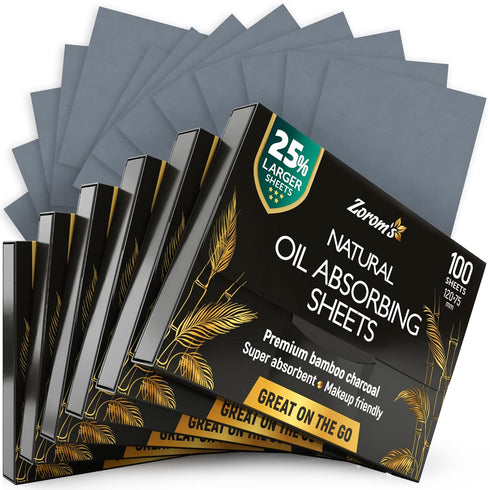 Natural Oil Blotting Sheets for Face with Bamboo Charcoal, 6pk/600 Makeup Friendly Blotting Papers