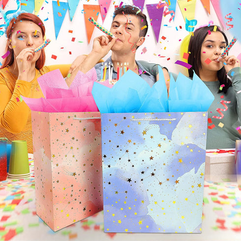 BLESZSING Large Gift Bags Set, 2 Pack Paper Gift Bags with Tissue Paper, Colorful Pink Blue