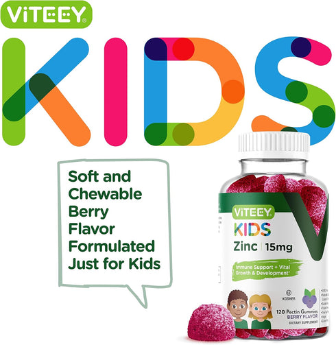 Zinc for Kids Gummies 15mg - Immune Support for Kids & Teens - Powerful Natural Antioxidant, Kids Zinc Vitamin Supplement - Vegan, Gelatin Free, Gluten Free - Tasty Chewable Berry Flavor Gummy