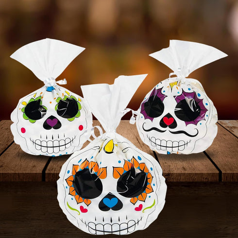 Set 12 Fun Express Day of The Dead Cello Treat Bags for Halloween - of - Dia de Los Muertos Party Supplies
