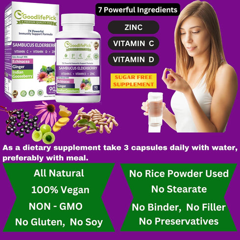 7 in 1 Elderberry with ZINC, Vitamin C, D, Echinacea, Ginger & Amla, Premium Capsules 90 ct, Non-GMO