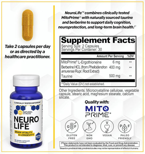 NEUROLIFE Brain Supplement for Cognitive Vitality - Longevity Support w/Taurine 500mg - Clinically Tested MitoPrime L-Ergothioneine - Berberine for Cognition Support - 60 Capsules