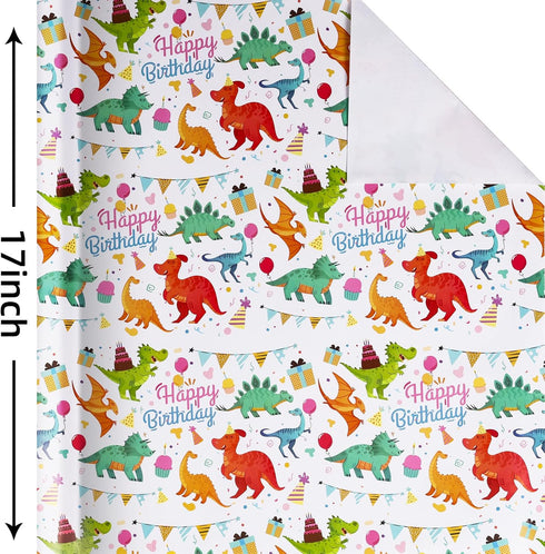 Wrap,17 inch 120 inch RayofSun Gift Wrapping Paper Roll,Cute Dinosaurs Happy Birthday Wrapping Paper for Boys,Wrapping