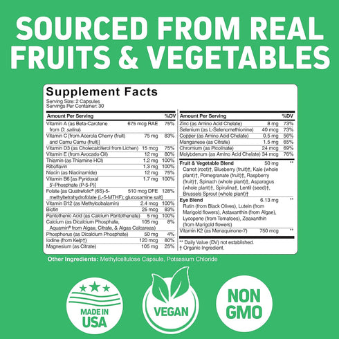Whole Food Multivitamin for Teens (Boys & Girls) Kids & Children Plant Based with 62 Superfoods Raw Veggies, Fruits Vitamin Complex Supplement Vegan & Vegetarian 60 Capsules