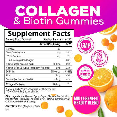 Collagen Peptides - Hair Supplements for Hair Growth Support Women & Men with Biotin Vitamin C, Naturally Support Joint Health & Hair, Skin, & Nail Growth, Collagen Gummies Hair Supplement - 120 Count