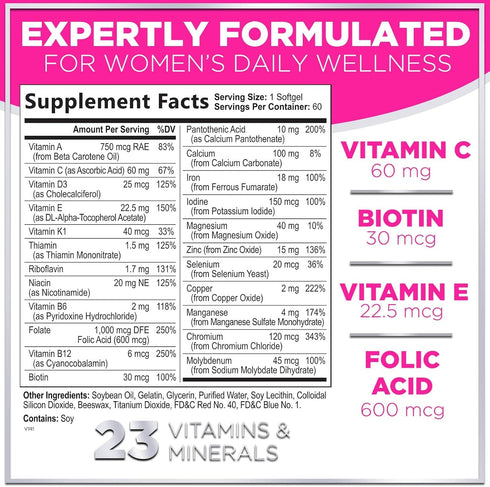 Womens Complete Multivitamin - Once Daily Women's Multi with Vitamin A, B6, B12, C, D, Biotin, Folate, Iron & Zinc, Energy & Immune Health Support, Gluten-Free Multivitamin for Women - 60 Softgels