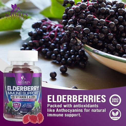 Immune Support Gummies with Elderberry Extract, Zinc & Vitamin C, 60 Gummies, Natural Vegan