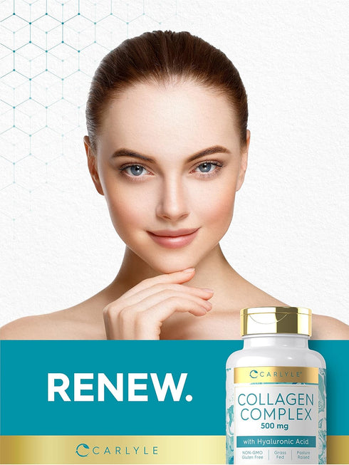 Carlyle Collagen Pills with Hyaluronic Acid, 500mg, 90 Capsules, Non-GMO, Gluten Free Hydrolyzed Supplement