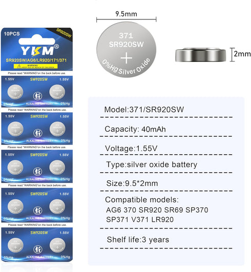 371 SR920SW Watch Battery AG6 370 371 Button Coin Cell Long Lasting 1.55V Silver Oxide Batteries 10 Pack