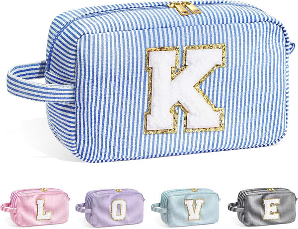Monogram Cute Initial Blue Makeup Bag, Personalized Cosmetic Pouch for Women, Birthday Gifts for Her K