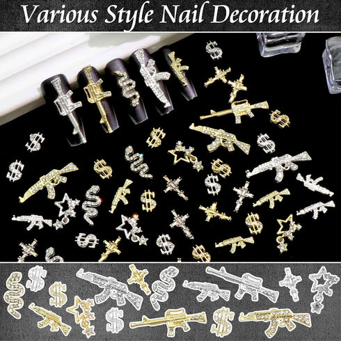 RODAKY 50PCS 3D Cross Gun Nail Charms, Gold Dollar Sign Nail Art Jewelry, Multi Style Nail Gems for Manicure