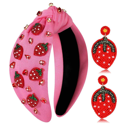 Strawberry Headbands for Women, Tropical Fruit Embellished Rhinestone Crystal Wide Top Knot Headband, Summer Hair