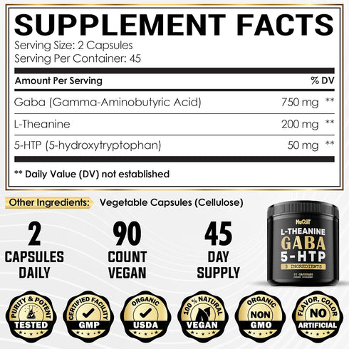 90 Capsules 3in1 GABA Supplements 750mg L-Theanine 200mg & 5-HTP - Equivalent to 1000mg - Support Comfortable Mood,