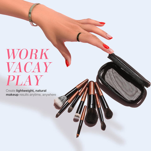 Cosme 9 FULL FACE MINI TRAVEL Makeup Brush Set, Natural Coverage Brushes with Brush Case