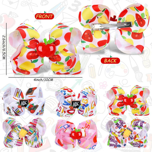 Whaline 6Pcs Back to School Bow Hair Clips Apple Blackboard Pencil Hair Bow Barrette Colorful Grosgrain Hairgrips Alligator Clips for First Day of School Kindergarten Students Hair Accessories