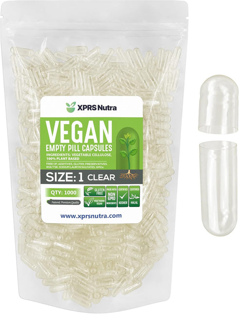XPRS Nutra Size 1 Empty Capsules - 1000 Count Clear Vegan Capsules - Vegetarian Pills for DIY Supplements