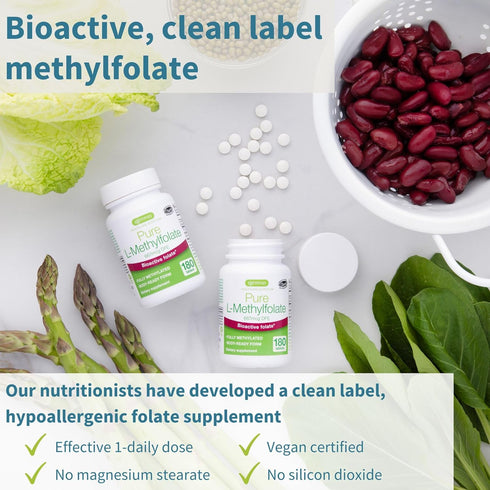 Pure Folate 400mcg, Optimized Methylfolate, Clean Label, 180 Small Tablets, Lab Verified, Vegan & Hypoallergenic, Supplement for Men & Women, Pregnancy, Mood, & Heart Health, by Igennus