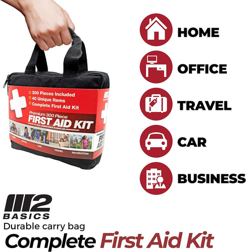 M2 BASICS Professional 300 Piece First Aid Kit - Emergency Medical Supplies for Home, Travel, Office & Kids