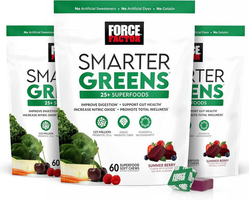 FORCE FACTOR Smarter Greens Superfood Chews, 3-Pack, 180 Chews with Probiotics, Antioxidants, Fiber for Digestion and