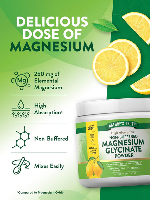 Nature's Truth Magnesium Glycinate Powder, 6 oz, Lemon Flavor, High Absorption, Vegan, Non-GMO, Gluten Free Supplement