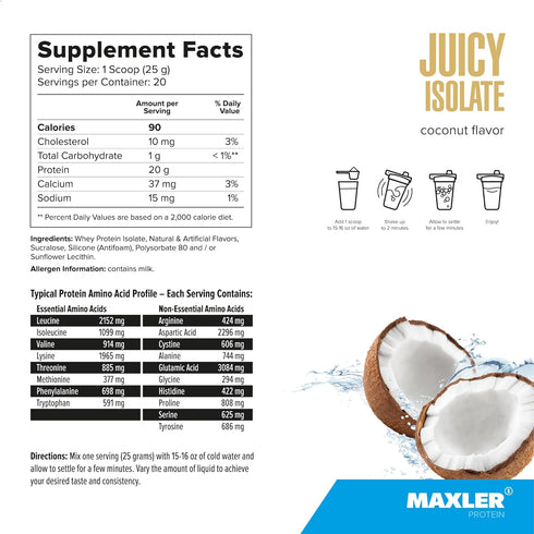 Maxler Juicy Isolate Protein Powder - Clear Whey Isolate, Low Lactose, Fat Free, Coconut, 1.1 lb (20 Servings)
