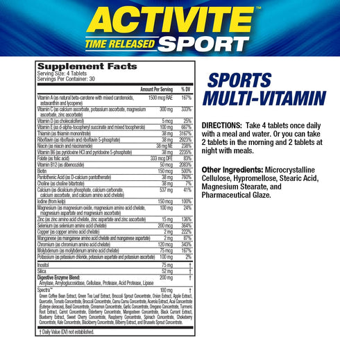MHP Activite Sport Multi Vitamin, 120 Tablets, 25 Vitamins and Minerals, Nitric Oxide Booster, Digestive Enzymes,