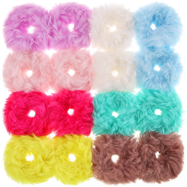 WILLBOND 16 Pieces Furry Scrunchies Faux Fur Hair Band Ties, Colorful Ponytail Holders for Women