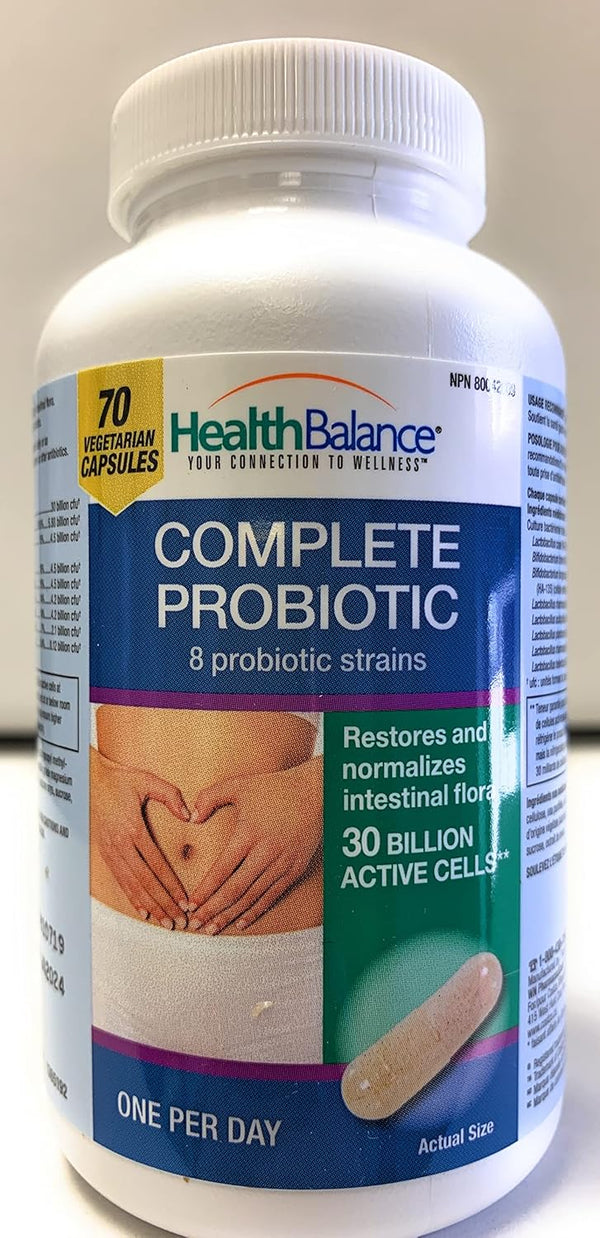 HealthBalance Complete Probiotic - 8 Strains, 30 Billion Active Cells, 70 Vegi Caps for Digestive Health