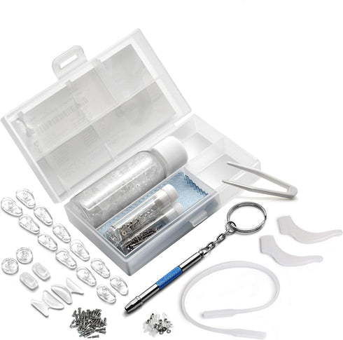 SQV Glasses Repair Kits - 9 Types Replacement Nose Pads, Mini Screws, Stick on Pad, Screwdriver, Anti-Slip Strap,