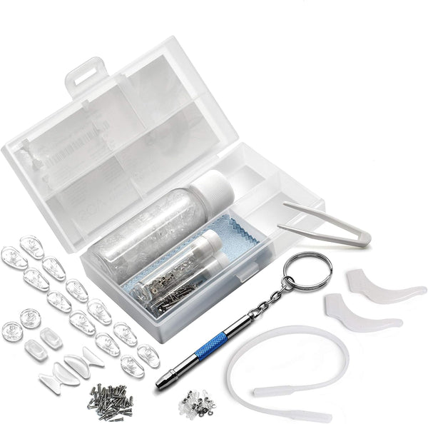 SQV Glasses Repair Kits - 9 Types Replacement Nose Pads, Mini Screws, Stick on Pad, Screwdriver, Anti-Slip Strap,