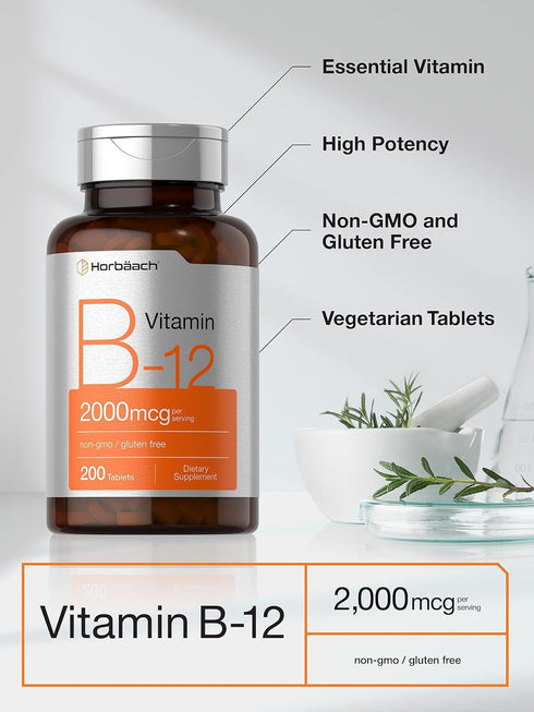 Horbaach B-12, 2000mcg Per Serving, 200 Vegetarian Tablets, Non-GMO & Gluten Free for Adults