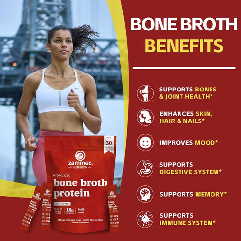 Zammex Packets-18g Go-30 Packets-Supports (15 Bone Broth Collagen Protein-Beef Bone Broth Powder to Travel Stick Skin