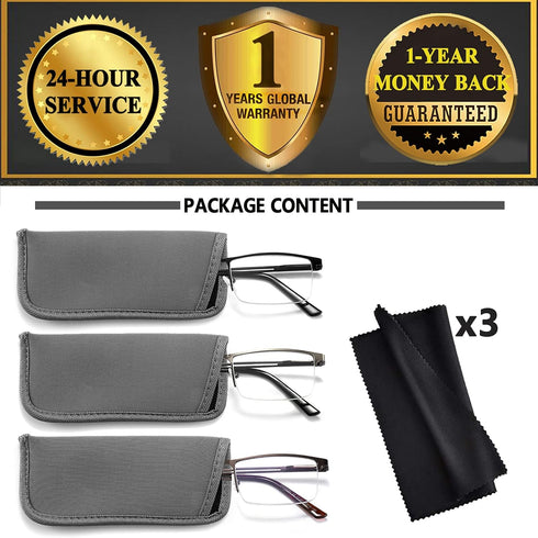 JJWELL 3 Pack Blue Light Blocking Reading Glasses for Men - Anti Computer Glare Eyestrain Readers with Pouches