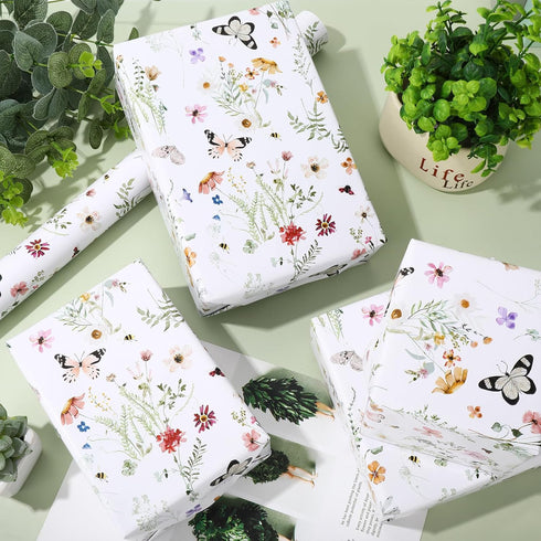 JarThenaAMCS Wildflower Wrapping Paper Mini Roll, 17 Inch x 32.8Ft Watercolor Floral Gift Wrap for DIY Craft