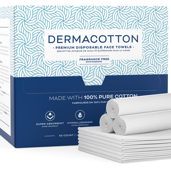 Disposable Cotton Face Towels, Super Soft Hypoallergenic Makeup Remover Wipes, Biodegradable Facial Cloths (50 Pack)