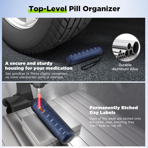 Zannaki Metal Moisture Proof Weekly Pill Organizer, Stackable Aluminum Alloy, BPA Free, 7 Day Waterproof Pill Box Case