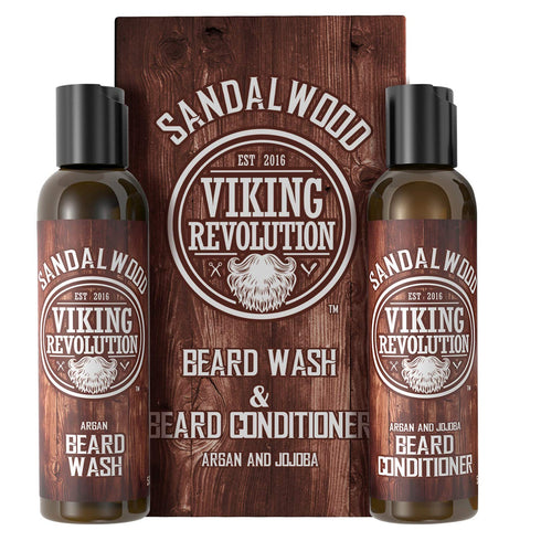 Viking Revolution Beard Wash & Conditioner Set with Argan & Jojoba Oils, Natural Sandalwood Scent, 5oz
