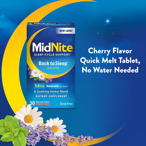 MidNite Back to Sleep Low Dose Melatonin Sleep Aid, 1.5 mg, 30 Quick Melt Tablets