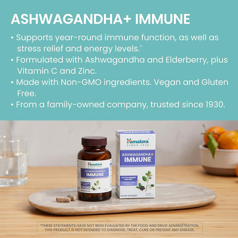 Himalaya Ashwagandha+ Immune - Ashwagandha, Elderberry, Zinc & Vitamin C for Active Immune Support, 60 Capsules