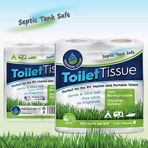 Septic Tank Safe Toilet Tissue (2-Ply, 4 Rolls, 500 Sheets each) For RV, Camping & Marine, Biodegradable,-Natural Alternative to Septic System Treatment Chemicals, Cleaner