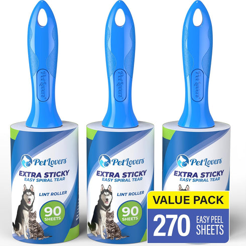 PetLovers Extra Sticky Lint Roller Value Set | 270 Sheets for Pet Hair Removal, Dog and Cat Lint Remover 3 Pack