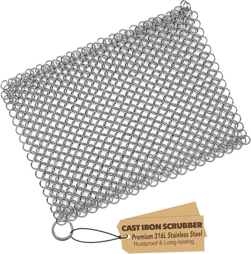 Cast Iron Scrubber Chainmail Link Scraper 8"x6" - 316 Stainless Steel Skillet Cleaner for Pans & Grills