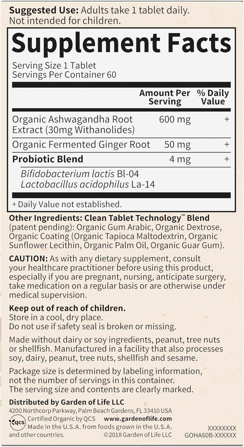 Garden of Life Organics Ashwagandha Supplement - 60 Tablets for Stress, Mood & Energy Support, Vegan