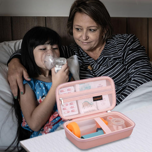Canboc Carrying Case for Asthma Inhaler, Handheld Spacer Bag with Removable Shoulder Strap and Mesh Pocket (Rose Gold)