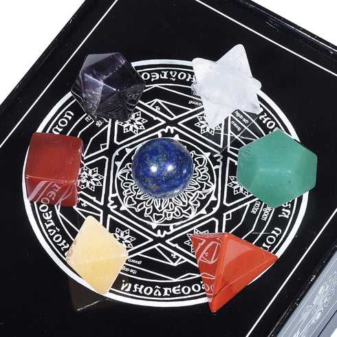 Amogeeli 7 Chakra Crystal Platonic Solids Sacred Geometry Set, Healing Stone Gift Kit with Merbaka Star