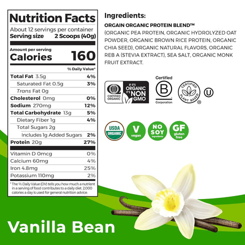 Orgain Organic Vegan Protein Powder + Oat Milk, Vanilla Bean: 20g Plant Based Protein, Gluten Free, 1.05lb