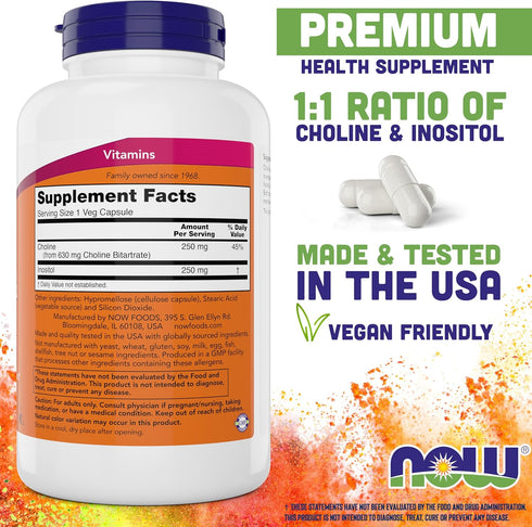 NOW Choline & Inositol, 180 Veg Capsules