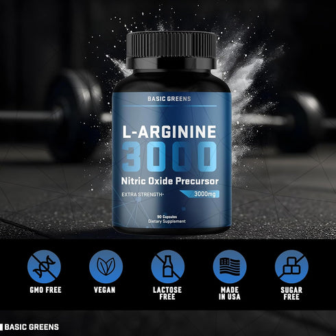 L-Arginine 3000mg Nitric Oxide Supplement for Men and Women - Non-GMO Vegan Capsules for Circulation, Energy,